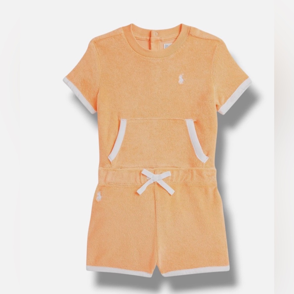 Polo Ralph Lauren Boys Terry Sweatshirt & Short Set Orange White Logo Size 6 NEW